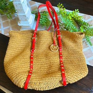 Michael Kors Straw Handbag with Orange Leather Straps/Gold Hardware Studs